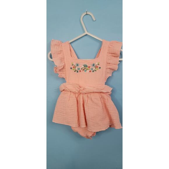 Girls Baby Essentials 9 Months Gauzy Light Pink Floral Romper - Picture 1 of 9